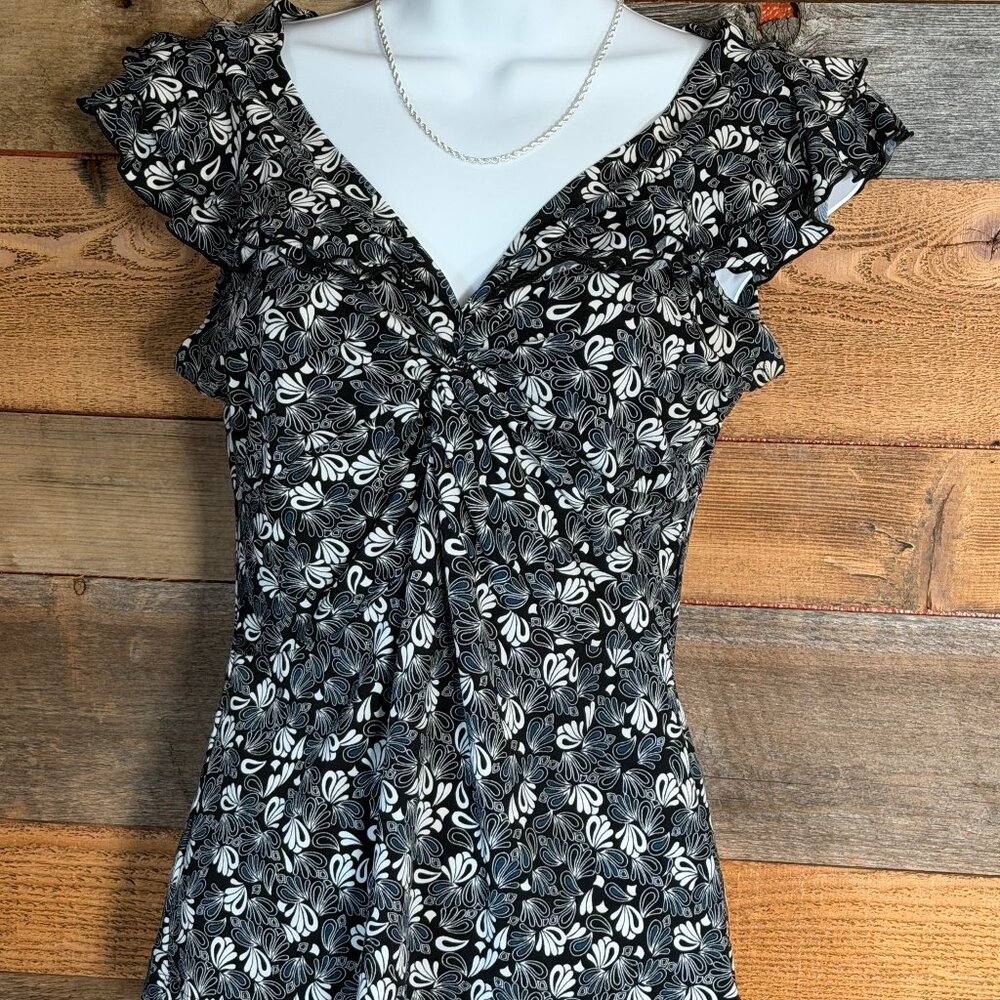 Susan Lawrence Black Paisley Boho-chic Ruffle Cap Shoulder Blouse Sz. S